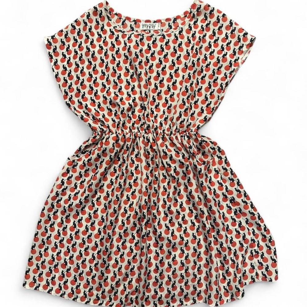Vintage Funky Cat Dress with pockets red and white polka dots Sz Large